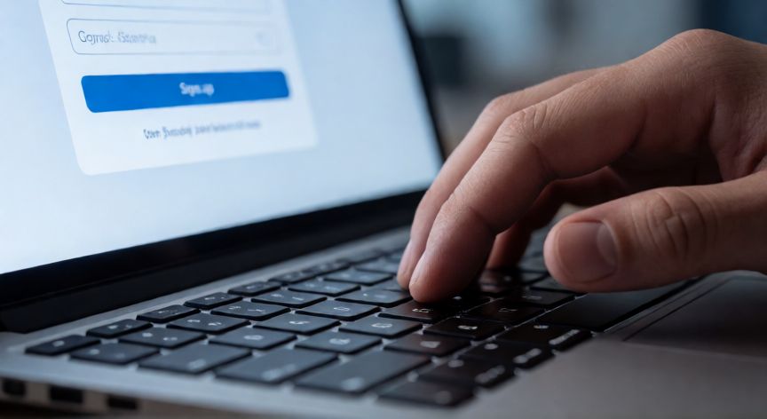 Persona escribiendo en una laptop registrándose en un servicio de correo electrónico