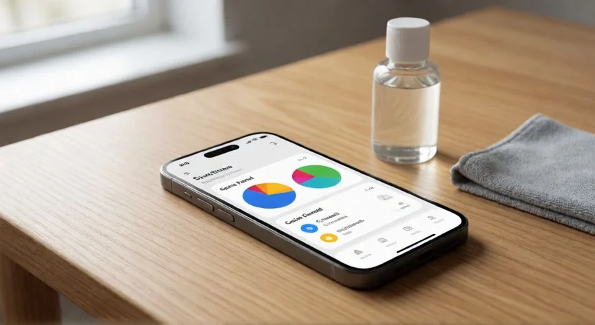 Smartphone mostrando interfaz de limpieza de almacenamiento sobre una mesa de madera