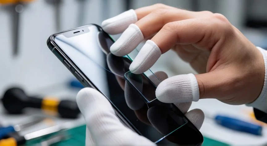 como hacer nuevo mi telefono, Manos aplicando una película de cristal templado en la pantalla de un teléfono móvil