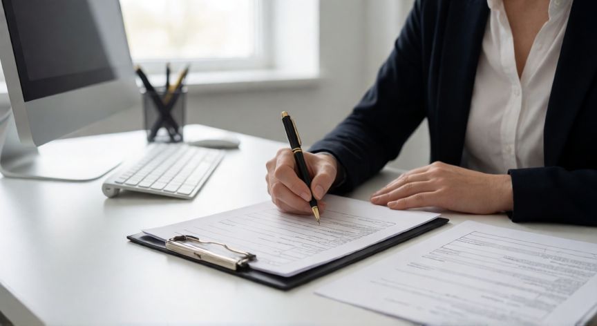 Persona completando formulario de inscripción en oficina gubernamental