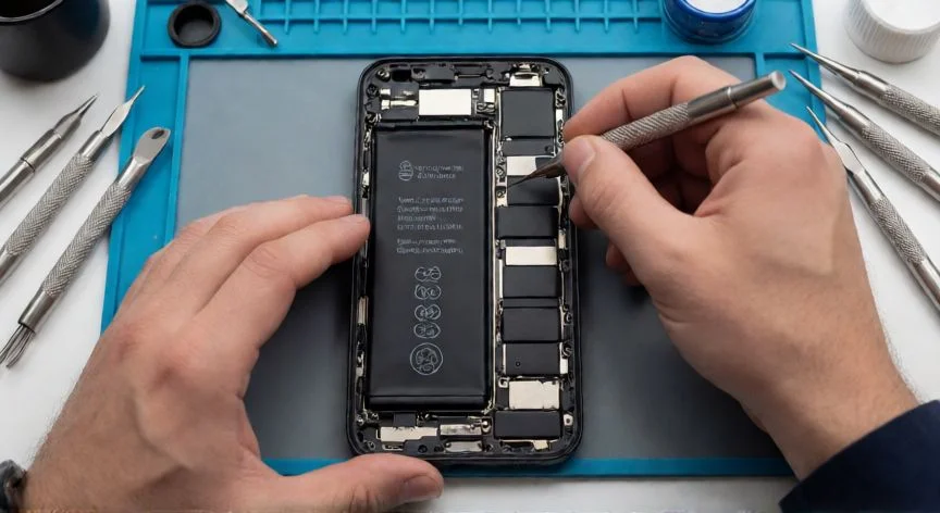 como hacer nuevo un telefono, Técnico cambiando la batería de un teléfono inteligente en taller