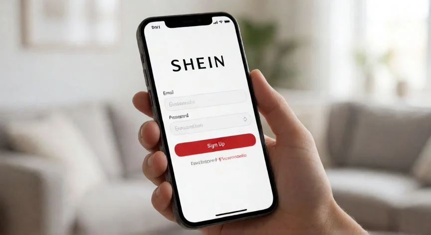 Pantalla de registro en la aplicación móvil de SHEIN mostrando campos de correo y contraseña