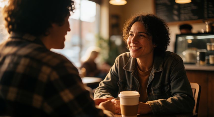 Dos personas conversando amigablemente en una cafetería acogedora