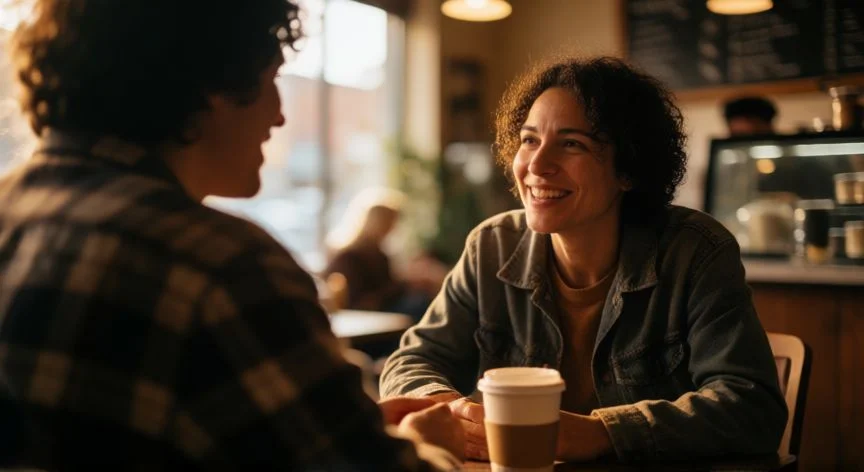 Dos personas conversando amigablemente en una cafetería acogedora