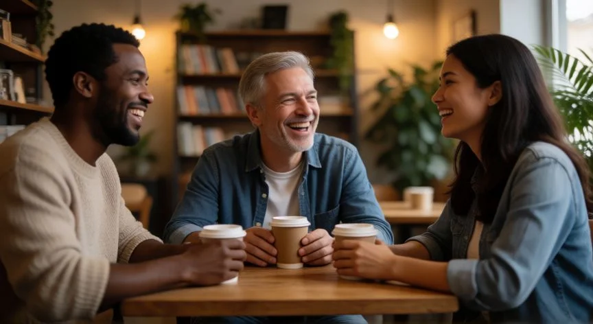 Adultos de treinta años conversando animadamente en una cafetería comunitaria