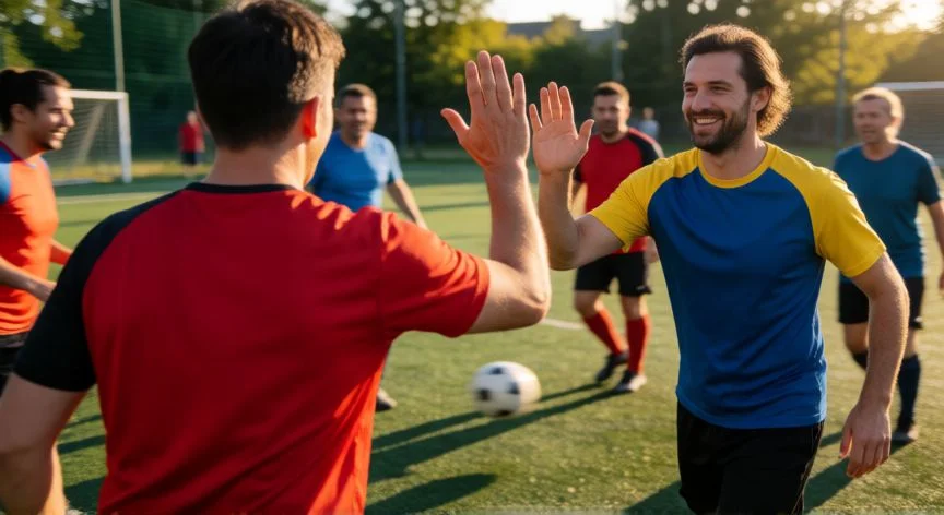 como hacer nuevos amigos a los 30, Grupo de amigos jugando fútbol recreativo y celebrando juntos en el campo