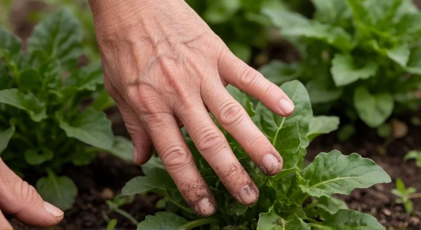 como hacer nuevos amigos a los 50, Manos de voluntarios mayores plantando flores juntos en un jardín comunitario