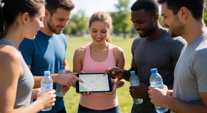 Grupo de jugadores de Pokémon GO conversando en un parque durante un evento comunitario