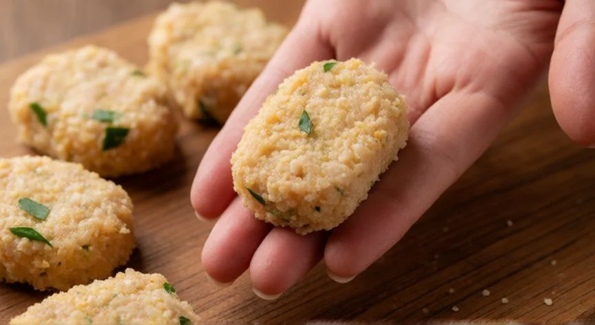 Nuggets de pollo caseros sin cocinar sobre tabla de madera
