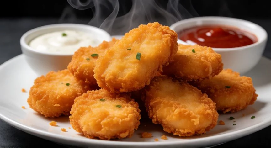 como hacer nuggets de pollo, Plato de nuggets de pollo crujientes con salsas para acompañar