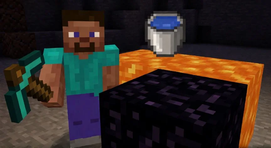 Jugador de Minecraft minando obsidiana con pica de diamante junto a lava