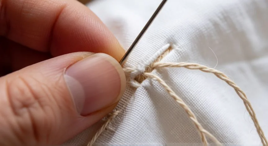 Manos cosiendo un ojal a mano con aguja e hilo sobre tela de algodón blanco