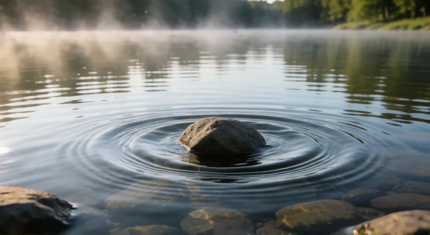 Piedra creando ondas concéntricas en la superficie de un lago tranquilo