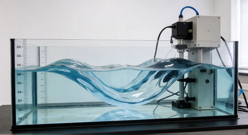 como hacer ondas al agua, Tanque de ondas de laboratorio mostrando patrones regulares generados mecánicamente