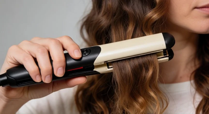 Mujer usando plancha de pelo para crear ondas suaves en el cabello