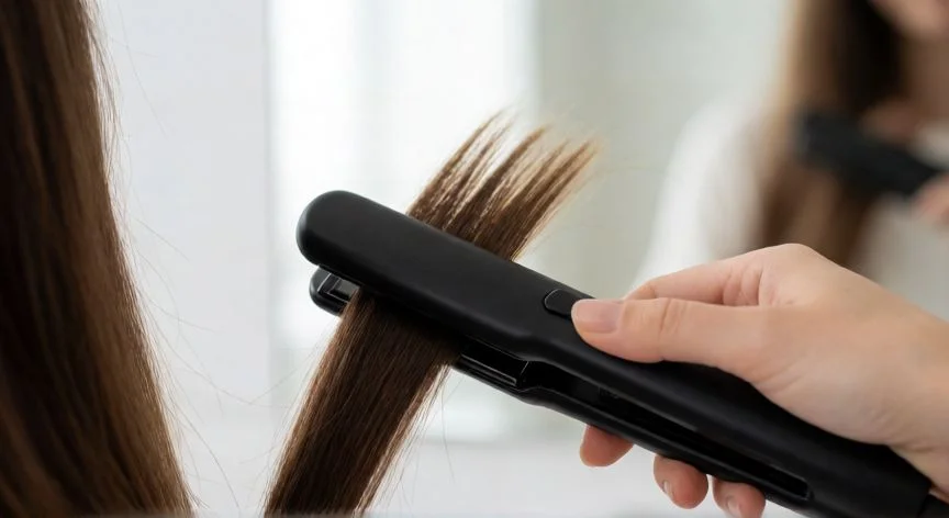 Manos aplicando plancha de cerámica en un mechón fino de cabello