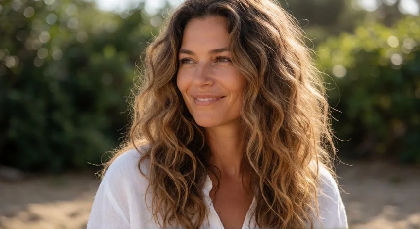 como hacer ondas en el pelo, Mujer con cabello largo y ondas naturales definidas al aire libre