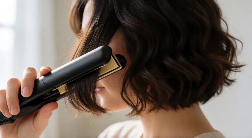 Mujer aplicando calor con plancha para crear ondas en pelo corto