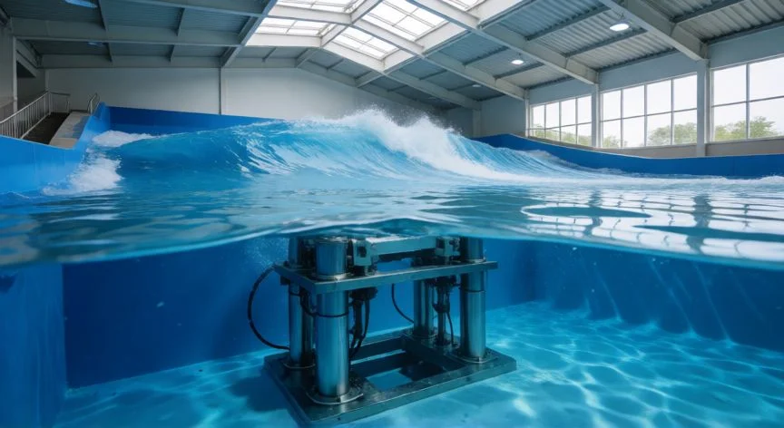 Generador mecánico de olas en una piscina de pruebas con batimetría V invertida y surfistas