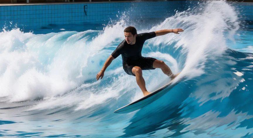 como hacer ondas surferas, Vista aérea de una piscina Wavegarden Cove con surfistas surfeando olas perfectas al atardecer