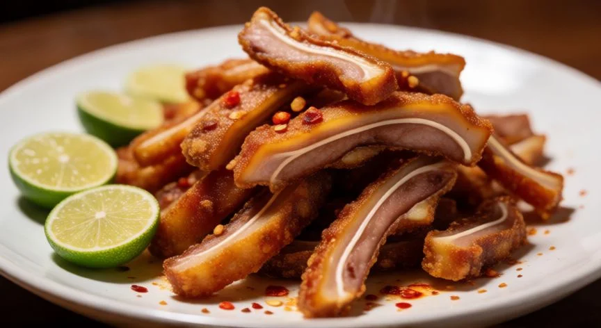 como hacer oreja de cerdo, Oreja de cerdo frita crujiente cortada en tiras con limón y chile