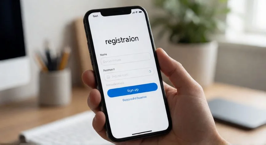 Persona registrándose en un servicio de correo electrónico usando su teléfono móvil