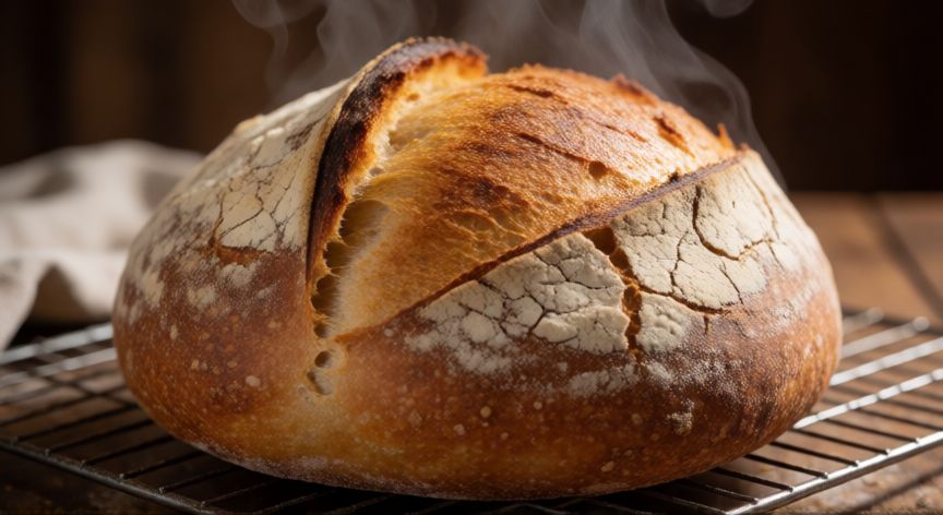 como hacer pan 1 kilo de harina, Hogaza de pan artesanal recién horneada con corteza dorada
