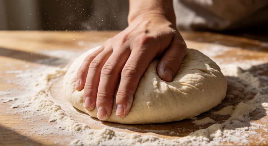 como hacer pan, Manos amasando masa de pan sobre mesa de madera