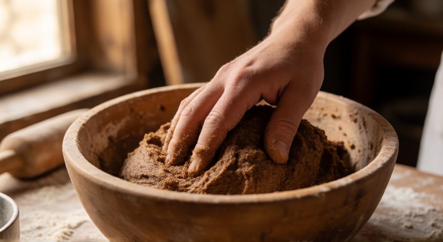 como hacer pan 100 centeno, Manos amasando masa de pan de centeno en un bol de madera