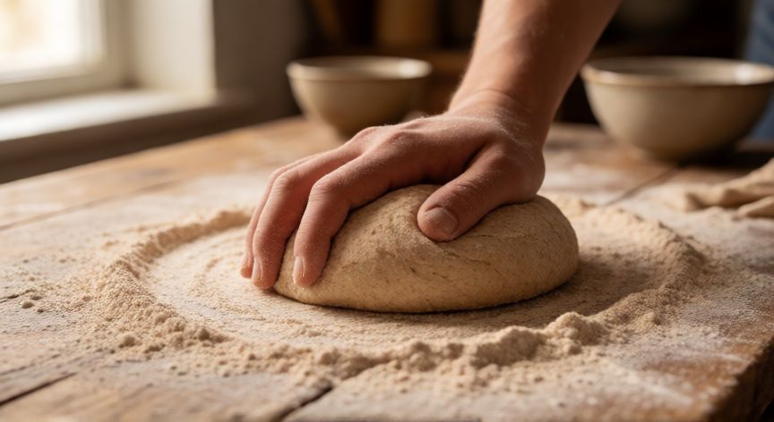 como hacer pan 100 integral en casa, Manos amasando masa de pan integral sobre mesa de madera con harina