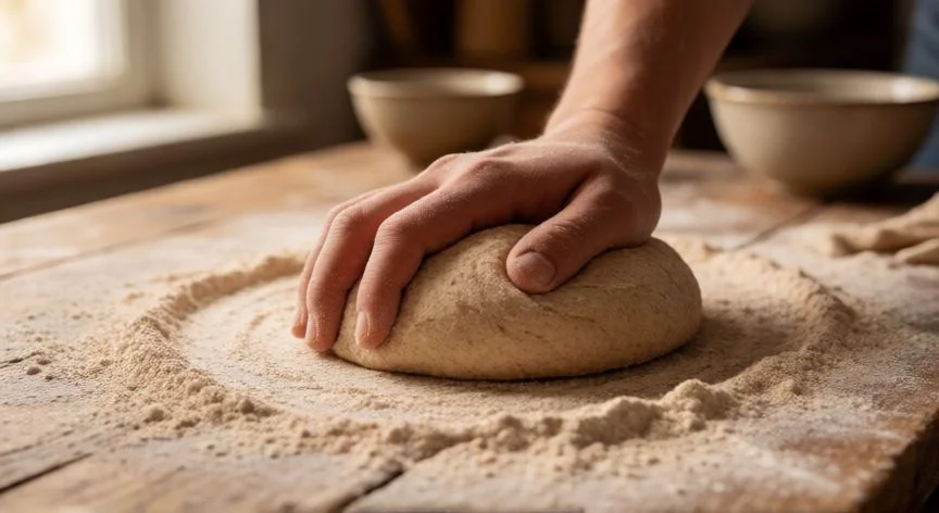 Manos amasando masa de pan integral sobre mesa de madera con harina