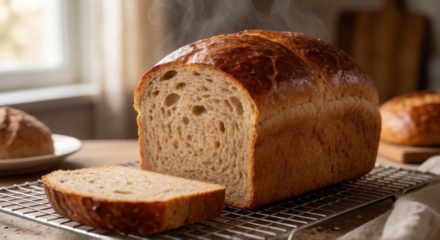 como hacer pan 100 integral en casa, Pan de centeno integral recién horneado con corteza dorada y miga visible