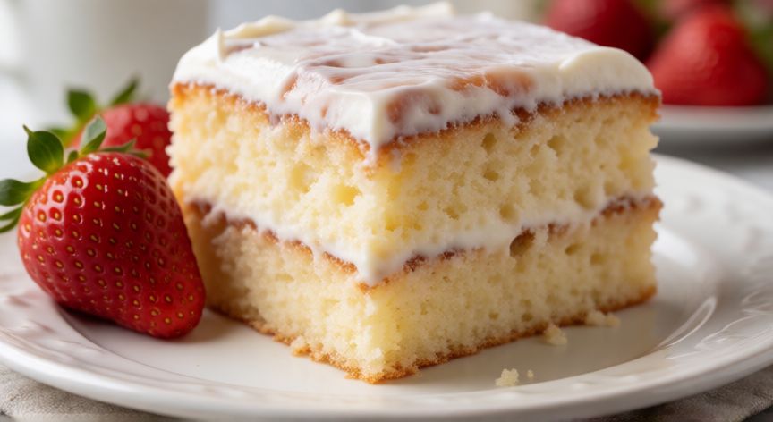 como hacer pan 3 leches, Porción de pan tres leches húmedo con fresas frescas en un plato blanco