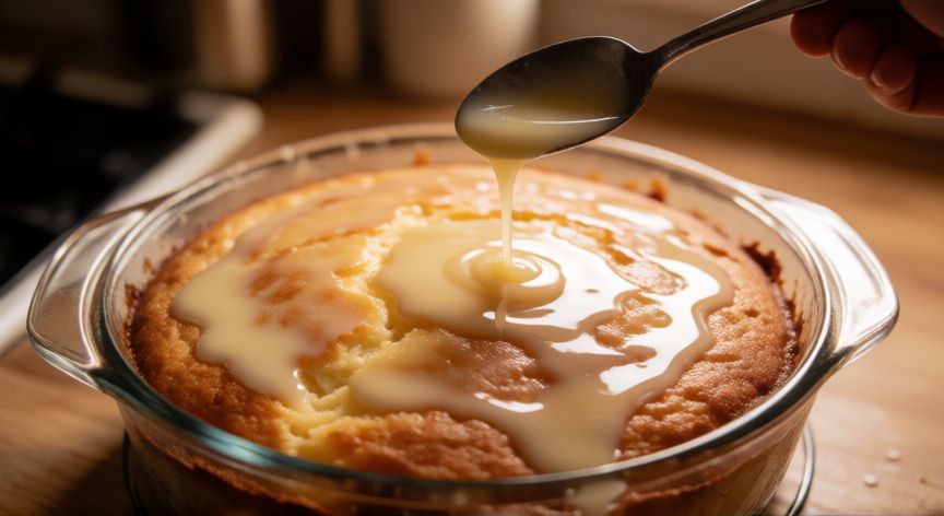 como hacer pan 3 leches, Preparación de pan tres leches añadiendo leche condensada en molde de cristal