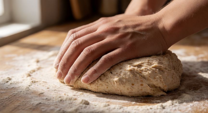 Manos amasando masa de pan integral sobre una encimera de madera