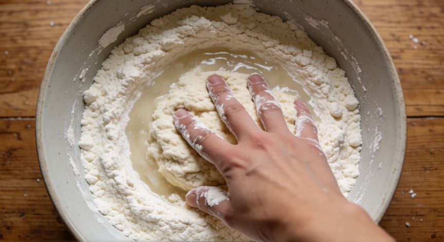 como hacer pan ácimo, Manos mezclando harina y agua para hacer masa de pan ácimo en un bol de cerámica.