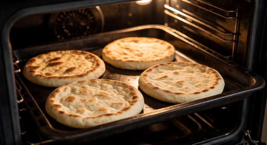 como hacer pan ácimo, Láminas de pan ácimo dorándose en una bandeja dentro del horno doméstico.