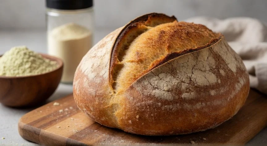 Pan artesanal alto en proteína con ingredientes como harina de guisantes y colágeno