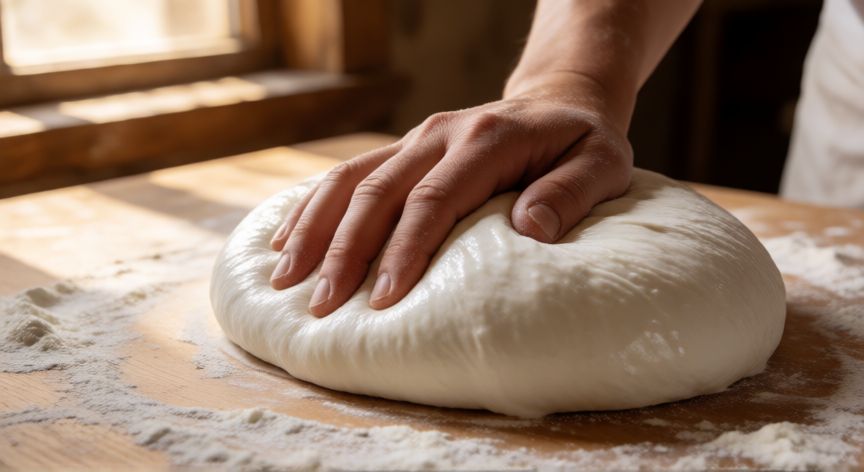 como hacer pan amasado 1 kilo de harina, Manos amasando masa de pan suave y elástica sobre superficie enharinada