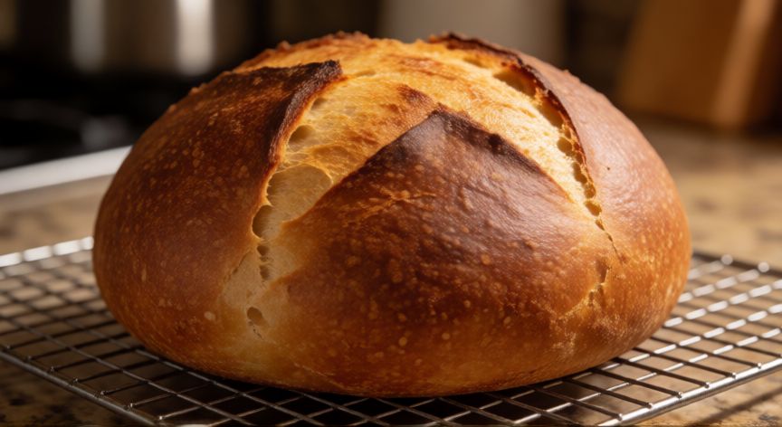 como hacer pan amasado 1 kilo de harina, Hogaza de pan amasado recién horneada con corteza dorada sobre rejilla