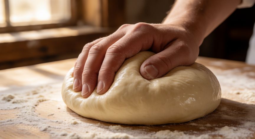 como hacer pan amasado con 500 gramos de harina, Manos amasando una bola de masa lisa sobre mesa de madera con harina espolvoreada
