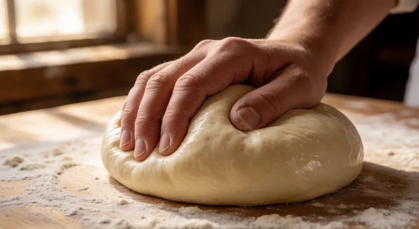 Harina, levadura activada y mantequilla sobre mesa de cocina para pan amasado