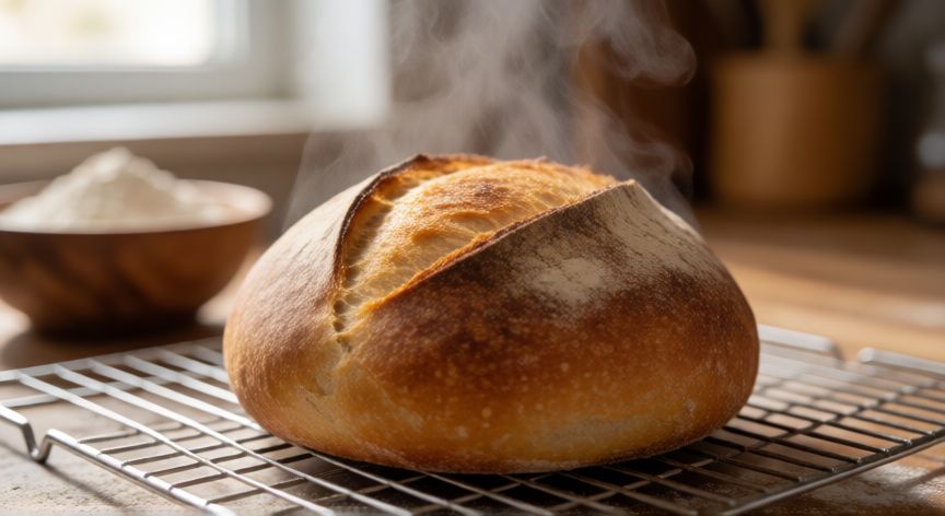 como hacer pan amasado con 500 gramos de harina, Hogaza de pan artesanal dorada sobre rejilla con vapor saliendo del pan recién horneado
