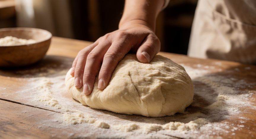 como hacer pan andino venezolano, Masa cruda de Pan Andino venezolano siendo amasada en una mesa de madera.