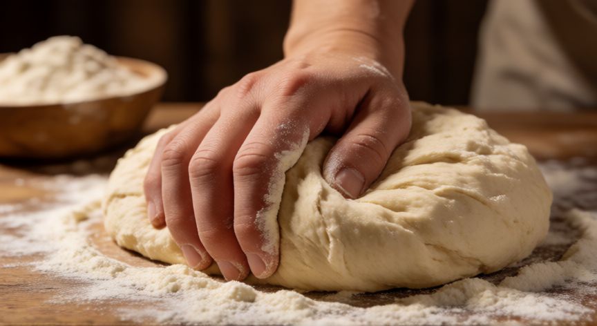 como hacer pan arabe, Manos amasando masa de pan árabe sobre superficie de madera