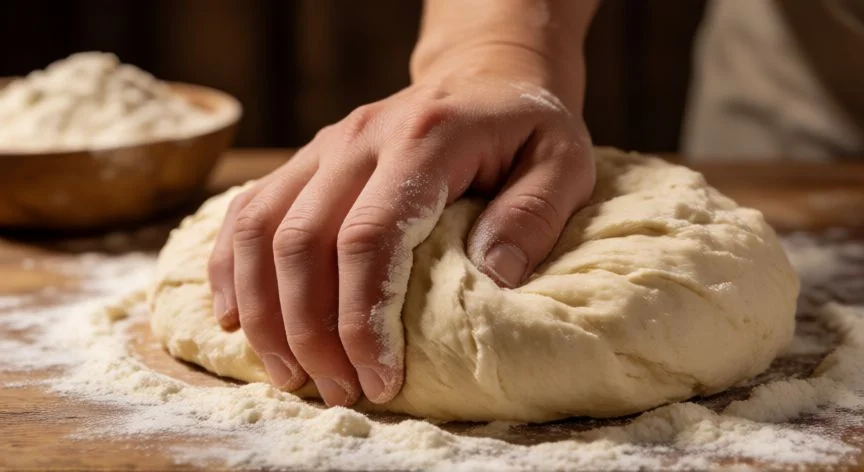 Manos amasando masa de pan árabe sobre superficie de madera