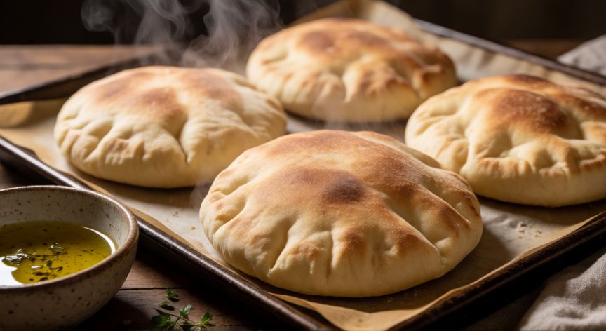 como hacer pan arabe, Pan árabe recién horneado inflándose en la bandeja de horno