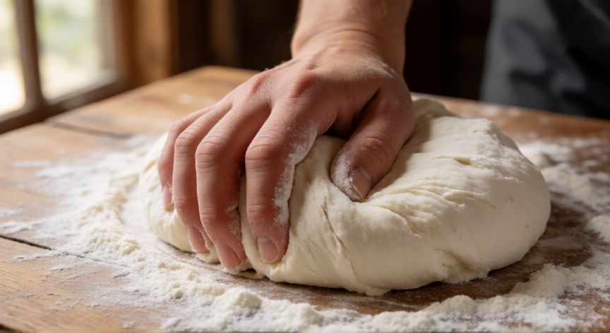 como hacer pan arabe en sarten, Manos amasando masa de pan árabe sobre superficie de madera