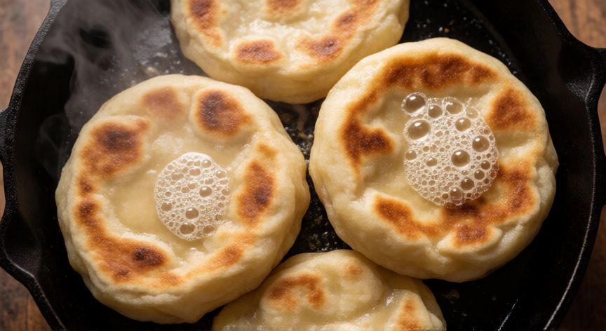 como hacer pan arabe en sarten, Pan árabe dorándose en sartén de hierro fundido con burbujas