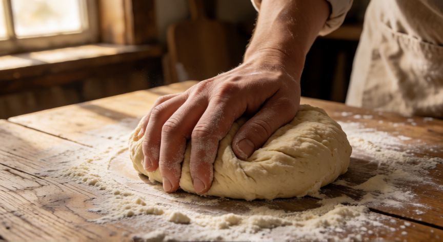 como hacer pan artesanal, Manos amasando masa de pan artesanal sobre tabla de madera con harina
